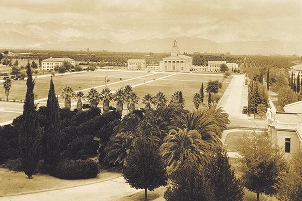 的 University quad with a classical style chapel in the background